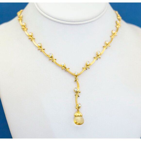 18 inch, Vintage Gold Tone Diamond Gem Abstract Lariat Necklace by Avon D3 - Picture 2 of 3